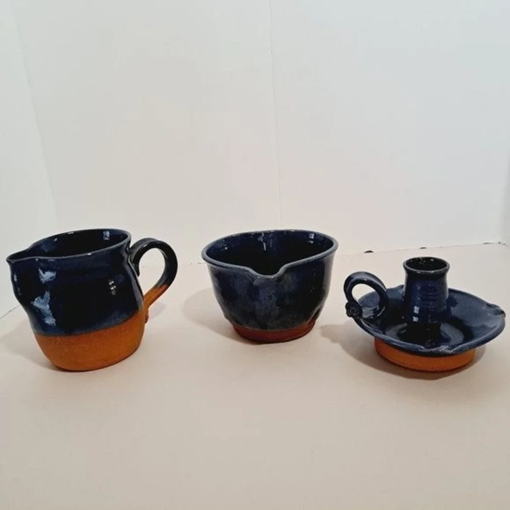 Bob Douglass Pottery Set  Blue Vintage Handmade Pitcher Bowl Candle